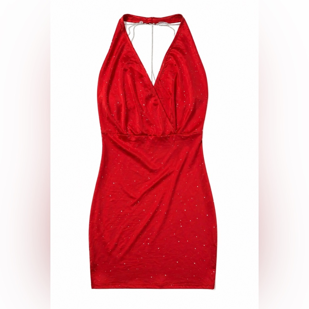 SHEIN Red Rhinestone Halter Mini Dress - Picture 4 of 4